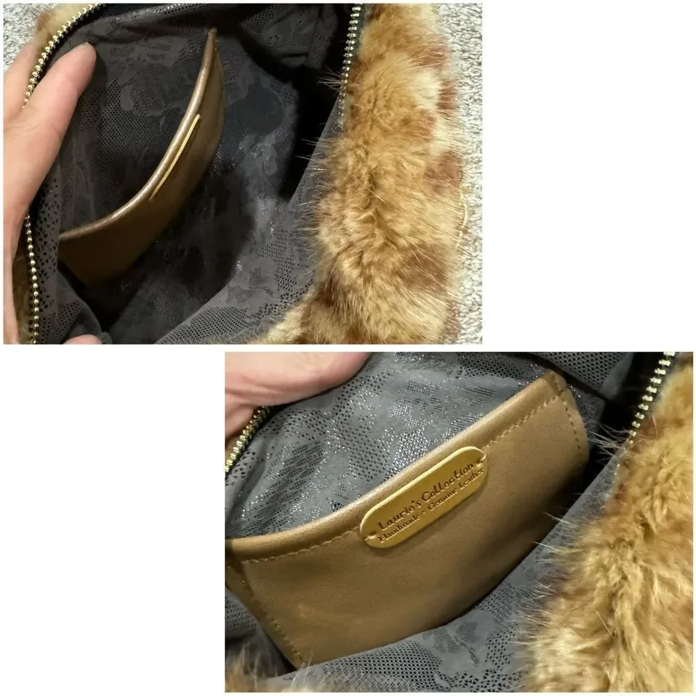 Plaid Print Real Muskrat Fur Handmade Slouchy Bag/Shoulder Bag/Crossbody